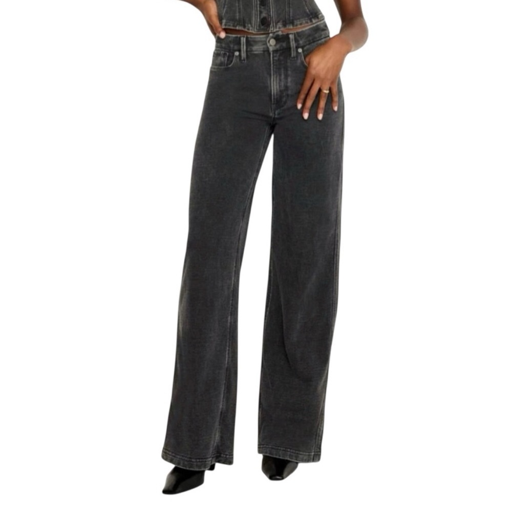 Good American Jeanius Black Terry Good Wide Leg High Waist Skate Pants Women 00
